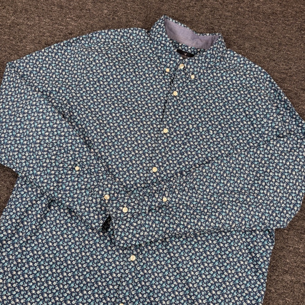 American Eagle Button Down Shirt Mens XL Blue Floral Classic Fit Long Sleeve